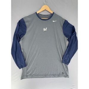 Nike Pro Milwaukee Brewers MLB Grey Navy Long Sleeve Training Shirt Mens XXL